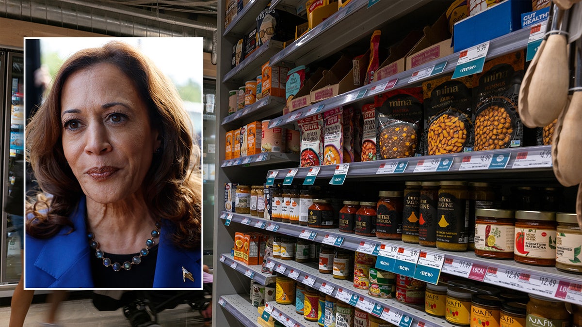 Grocery store shelves; Kamala Harris in the drawer