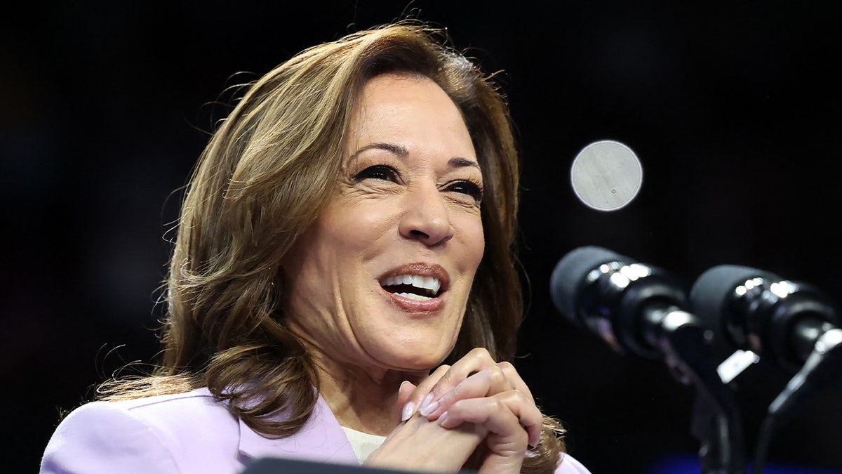 La vicepresidenta de EEUU y candidata presidencial demócrata Kamala Harris habla durante un mitin de campaña