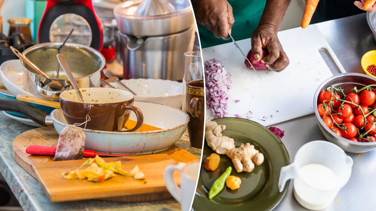 Una división de una cocina sucia y una cocina bonita.