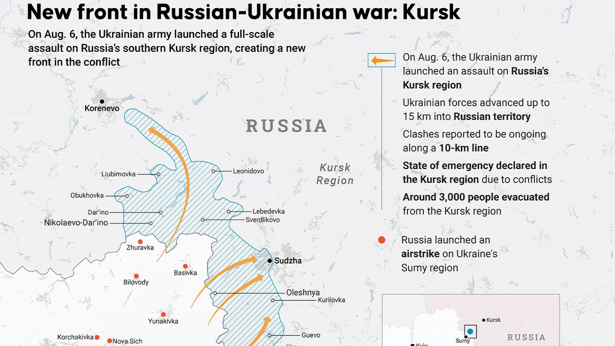 Infografía titulada "Nuevo frente en la guerra ruso-ucraniana: Kursk" creada en Ankara, Turquía, el 8 de agosto de 2024. El 6 de agosto, el ejército ucraniano lanzó un asalto a gran escala contra la región meridional rusa de Kursk, creando un nuevo frente en el conflicto.