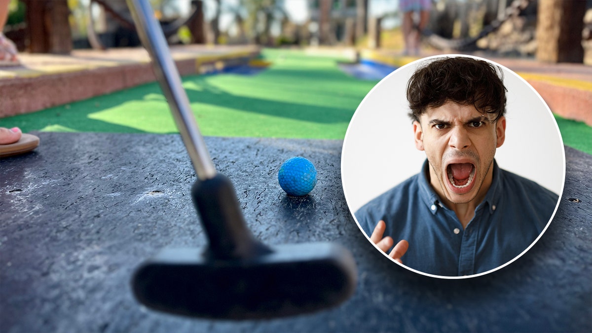 A man shouting with mini golf being played in the background