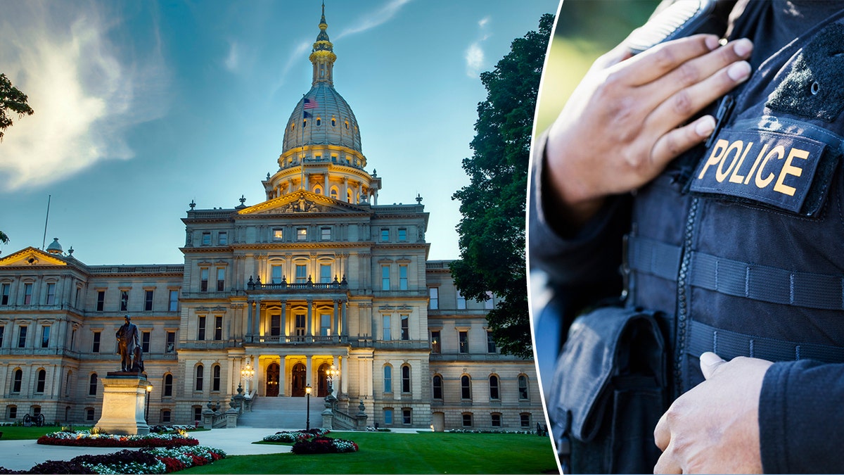 El edificio del Capitolio de Michigan junto a la foto de un policía