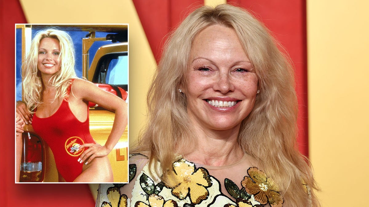 Split photo of Pamela Anderson then and now