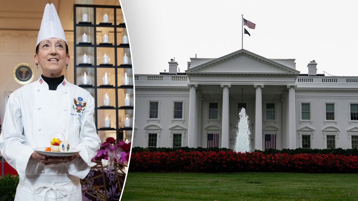 A White House pastry chef beside a photo of the White House