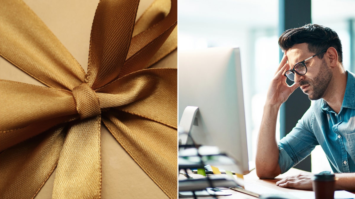 Gold present split with man looking confused at computer