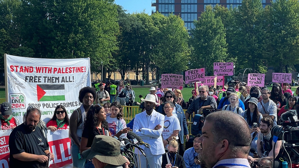 Protestors gather outside the Democratic National Convention (DNC).