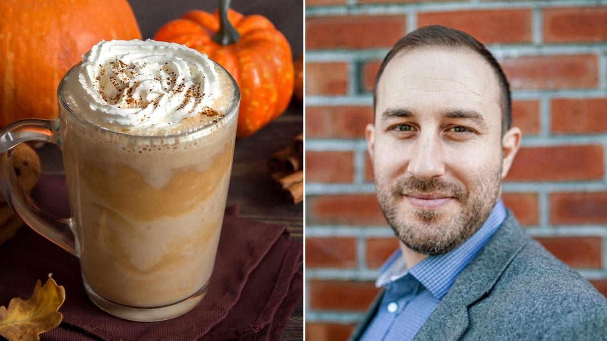 Una imagen dividida de una calabaza de café en un lado y una foto de Matt Johnson, un hombre blanco con barba y bigote y pelo castaño, en otro.