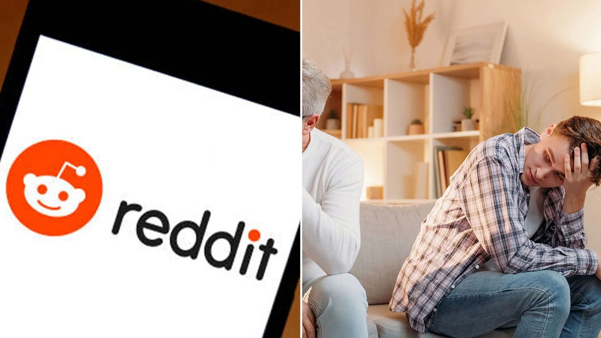 El logotipo de Reddit en un teléfono partido con la imagen de un hijo mirando atónito en un sofá.