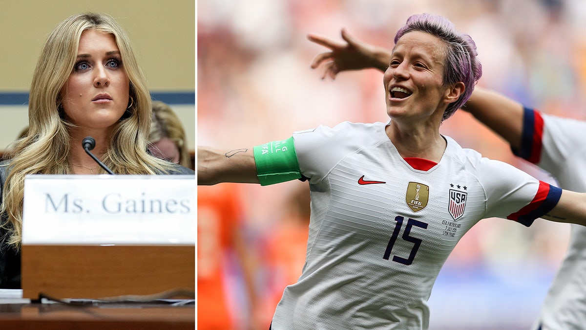 Riley Gaines testifica ante el Congreso a la izquierda, Megan Rapinoe corriendo con los brazos abiertos a la derecha