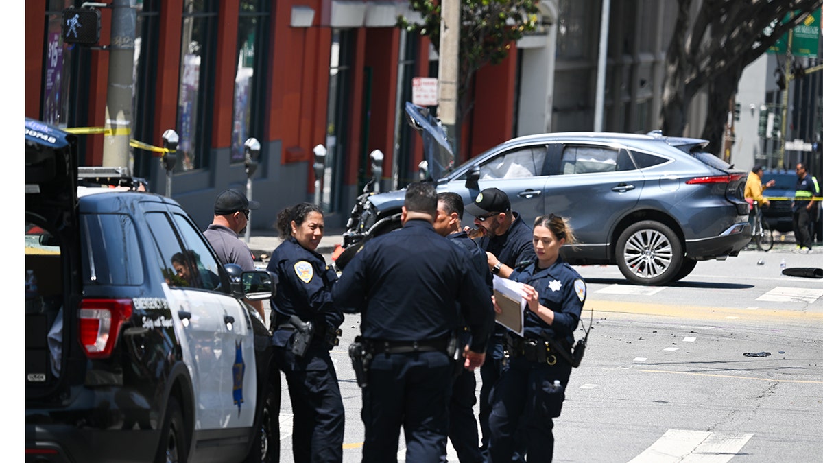 A crime scene at 16th Street and Potrero Ave. in San Francisco on May 23 after a fatal incident occurred at a bus stop. A reportedly stolen truck crashed into pedestrians during a police chase, injuring four people and killing one.