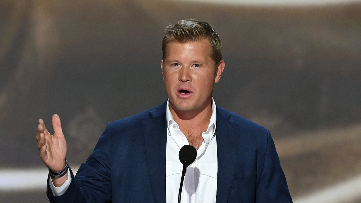 U.S. Senate candidate Tim Sheehy from Montana speaks on the second day of the 2024 Republican National Convention at the Fiserv Forum in Milwaukee on July 16, 2024.