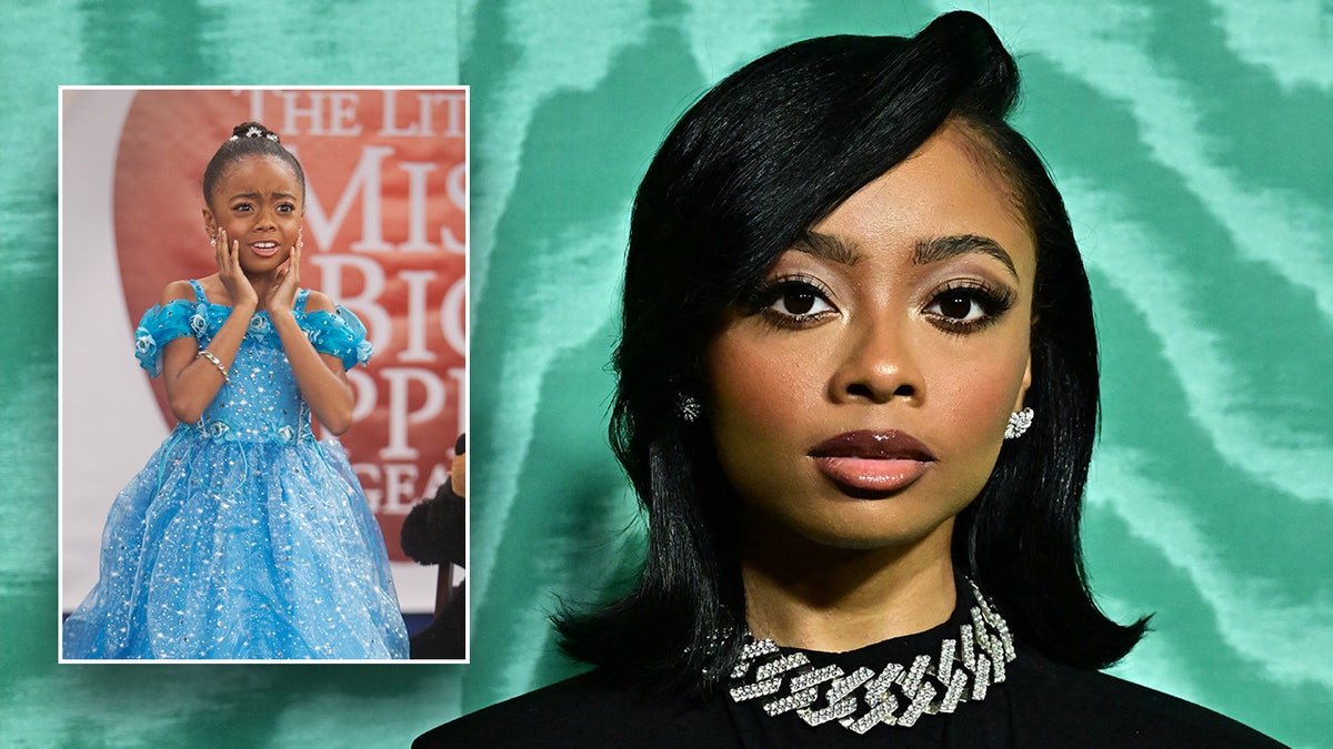 Skai Jackson stares directly at the camera in a black top and diamond chain necklace inset a photo of her in a blue dress on "Jessie"