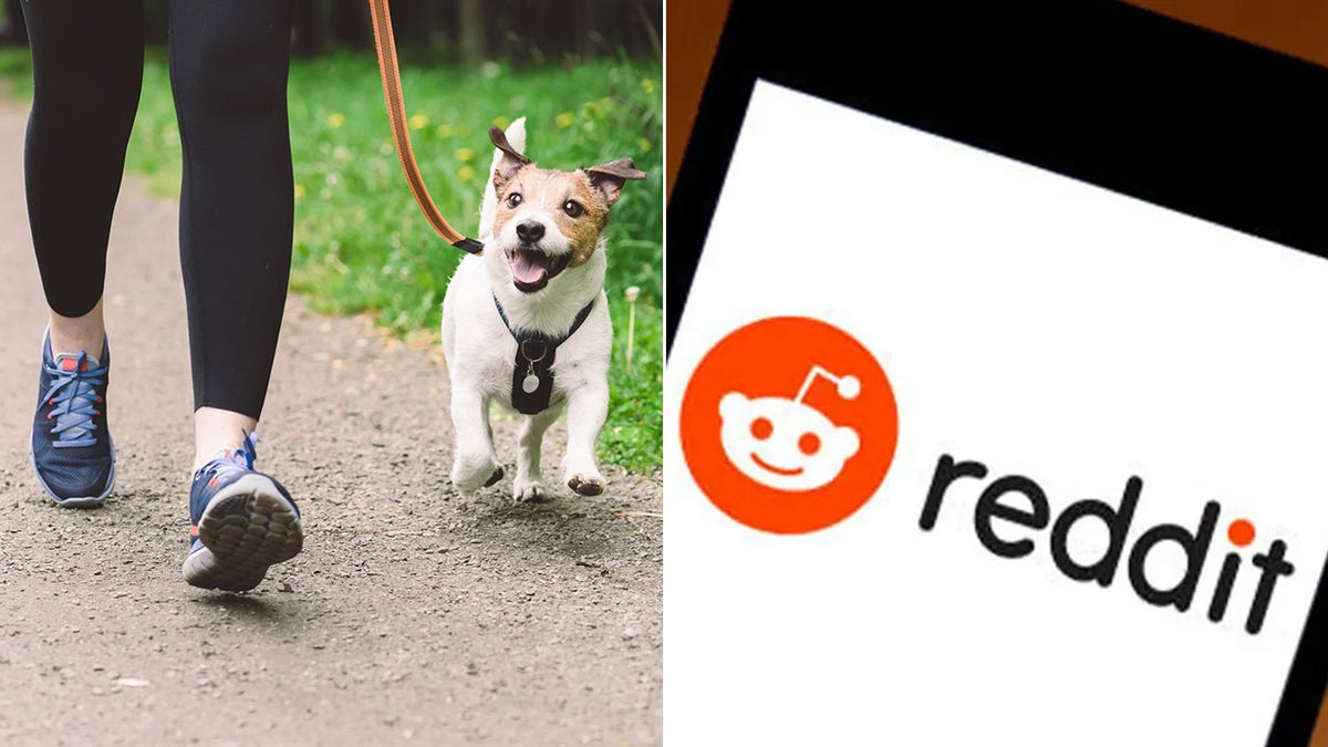 Mujer paseando al perro y pantalla de Reddit