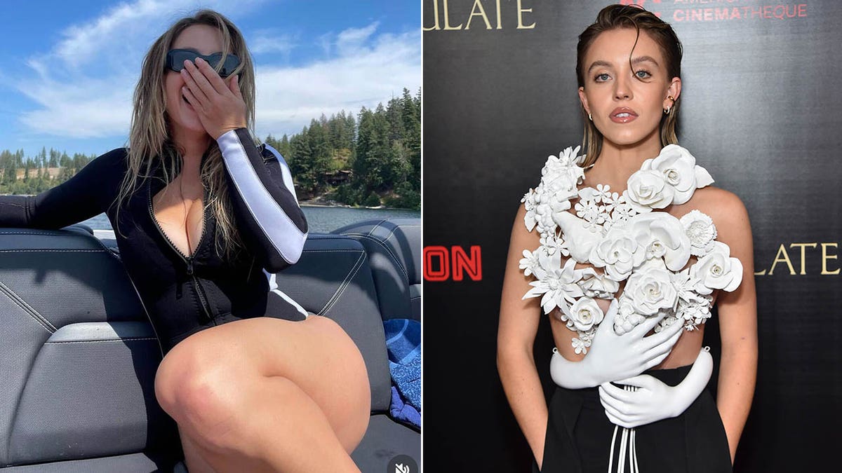 Sydney Sweeney in a wetsuit on a boat/Sydney at the premiere of “Immaculate” in LA