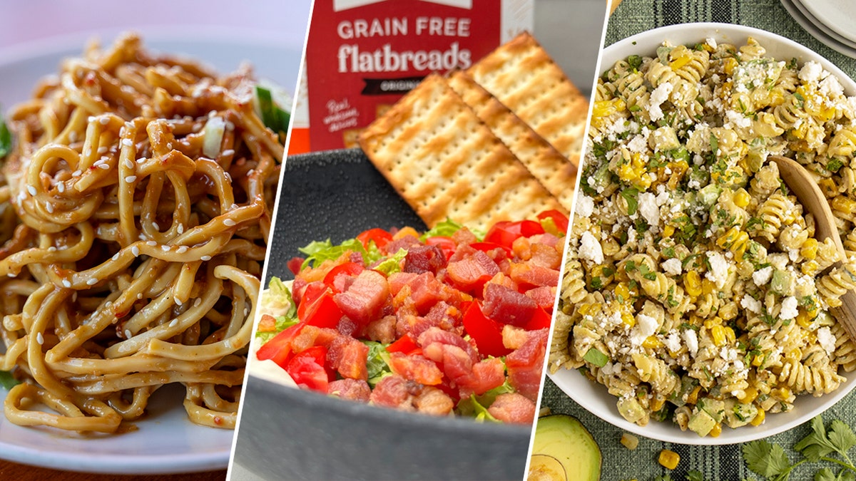 Una imagen dividida de una ensalada de pasta con cacahuete y sésamo, una salsa BLT y una ensalada de pasta mexicana inspirada en el maíz callejero.