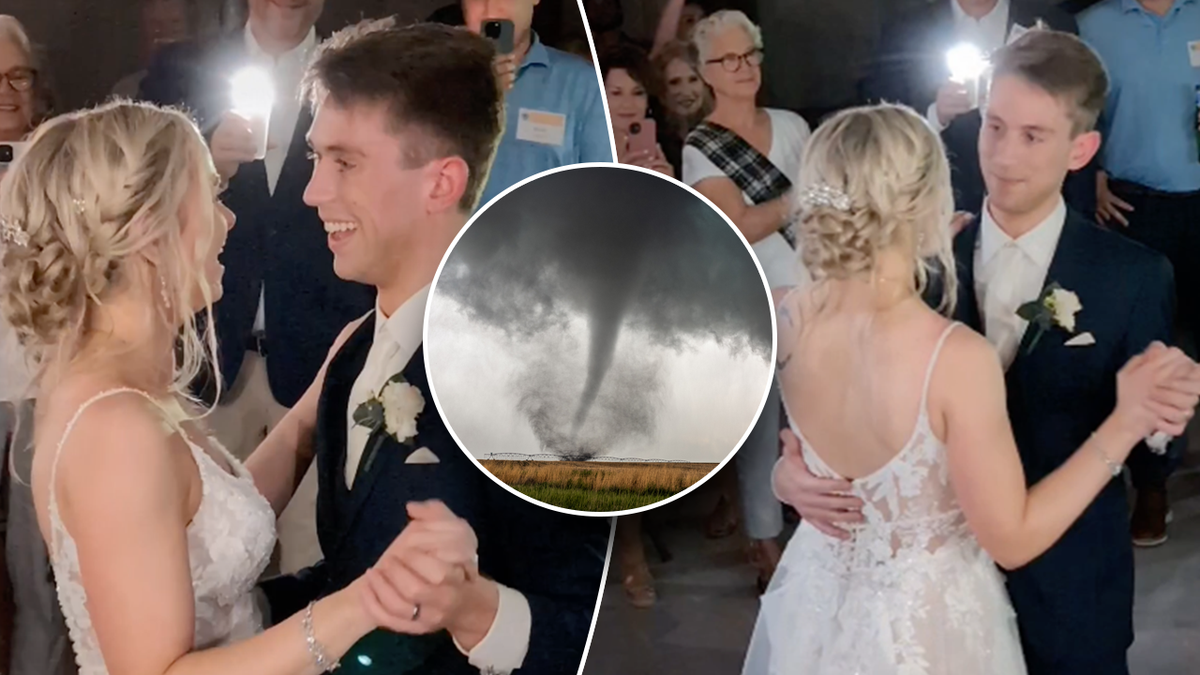 Pareja bailando el día de su boda y un tornado