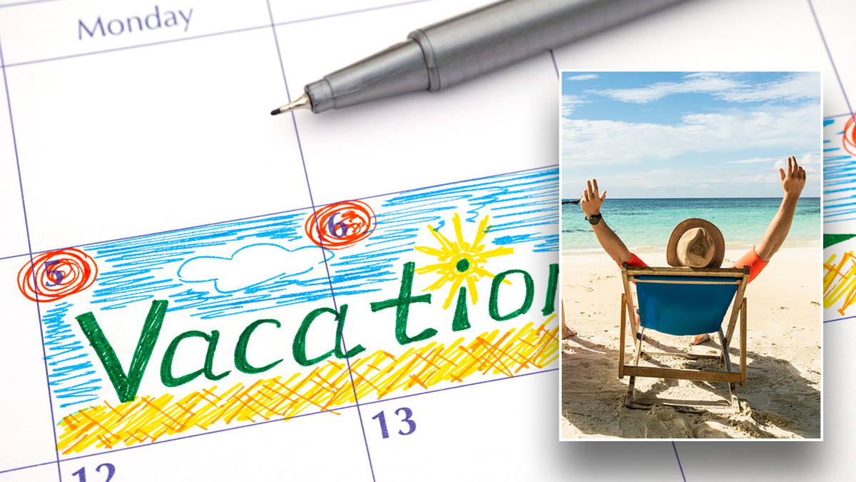 Calendario de vacaciones y gente en la playa