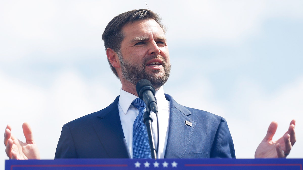 Republican vice presidential nominee Sen. JD Vance, R-Ohio, speaks at a campaign event Tuesday, Aug. 27, 2024, in Big Rapids, Mich.