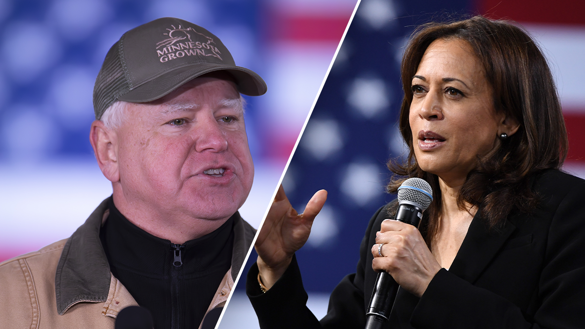 Imagen dividida de Tim Walz y Kamala Harris