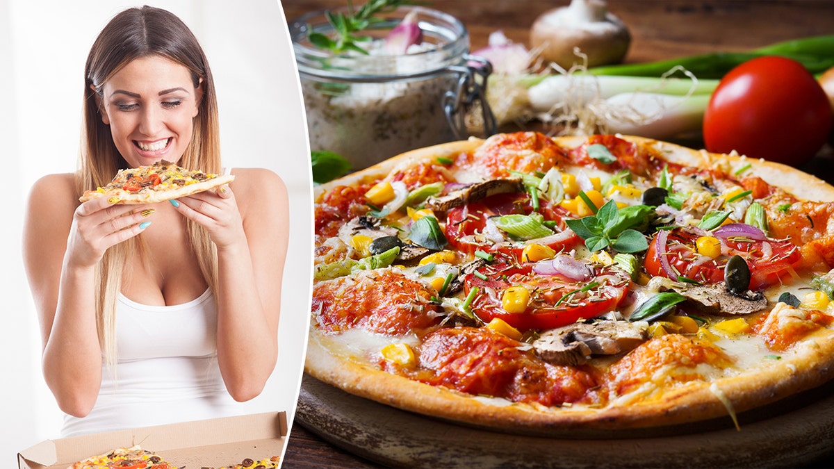 Una mujer, a la izquierda, se prepara para comer una pizza sana. A la derecha, se muestra una pizza casera vegetariana.