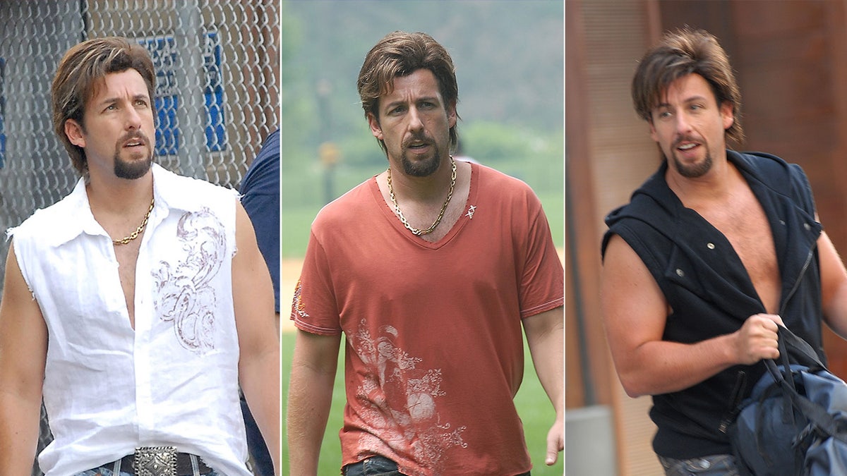 Adam Sandler con tres looks diferentes en el plató de "You Don't Mess with The Zohan" primero con una camiseta blanca recortada, luego con un cuello de pico naranja y después con una sudadera negra recortada