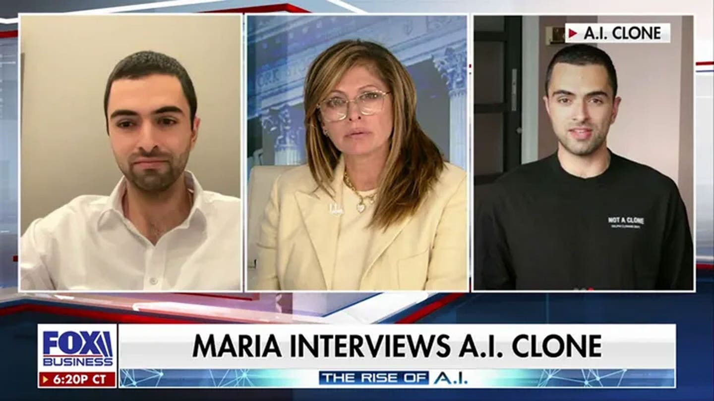 Maria Bartiromo interviews real life clone on air 1