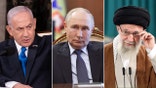 Split screen photo showing Israeli Prime Minister Benjamin Netanyahu, Russian President Vladimir Putin and Supreme Leader of Iran Ayatollah Khamenei.