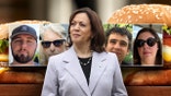Kamala Harris in front of faces of interview subjects and giant cheeseburgers