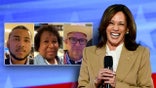 DNC attendees and delegates next to image of Kamala Harris