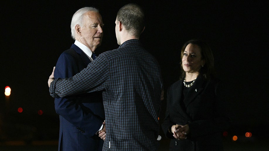 Former prisoner held by Russia US journalist Evan Gershkovich is welcomed by President Joe Biden and Vice President Kamala Harris