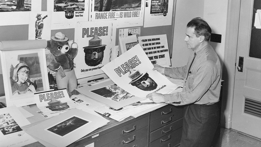 Images of Smokey Bear from the 1940s or 1950s.