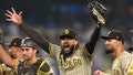 San Diego Padres' Fernando Tatis Jr., center, celebrates with teammates after the Padres clinched a playoff spot with a triple play to end their baseball game against the Los Angeles Dodgers, Tuesday, Sept. 24, 2024, in Los Angeles. - Fox News