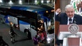 This split shows Mexican President Andres Manuel Lopez Obrador and a bus of migrants heading to the U.S. border. - Fox News