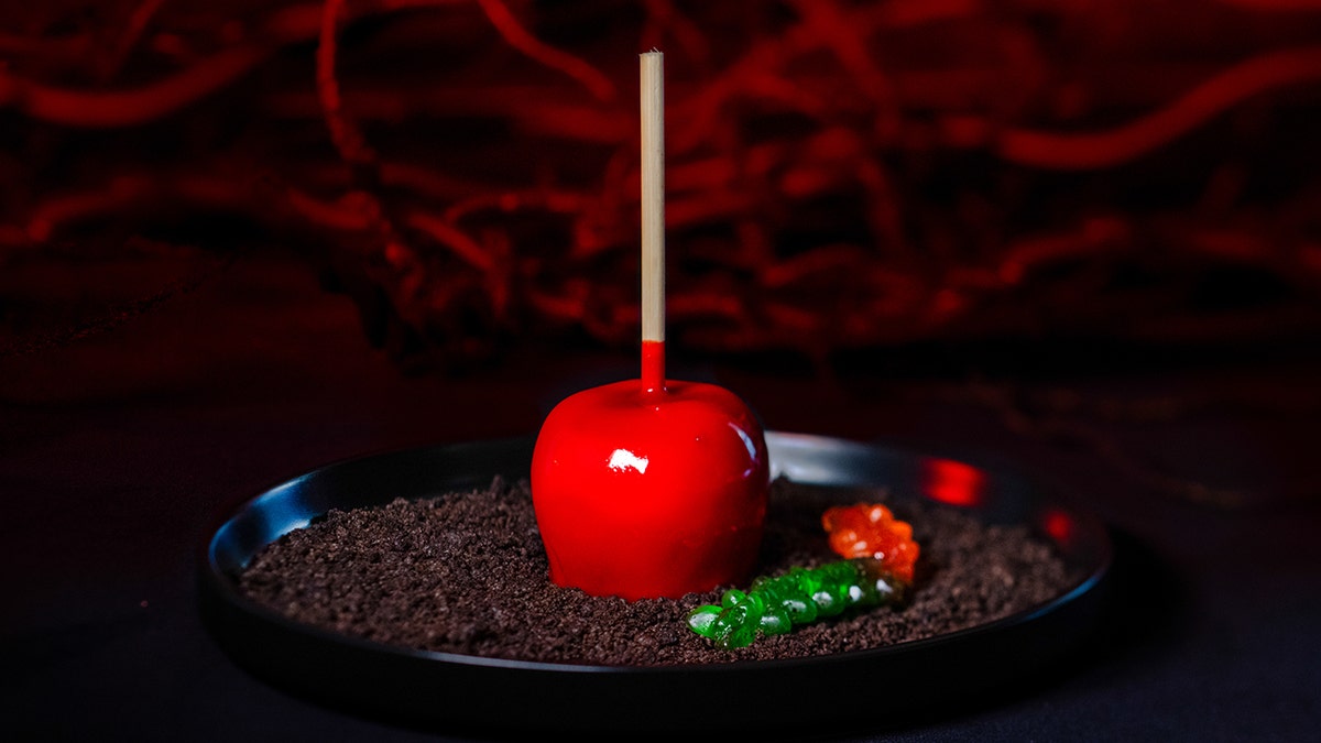 A candy apple on a stick surrounded by crumbs.