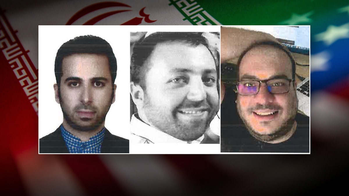 Una foto dividida muestra a los tres hackers iraníes acusados por el Departamento de Justicia sobre una imagen de las banderas iraní y estadounidense.