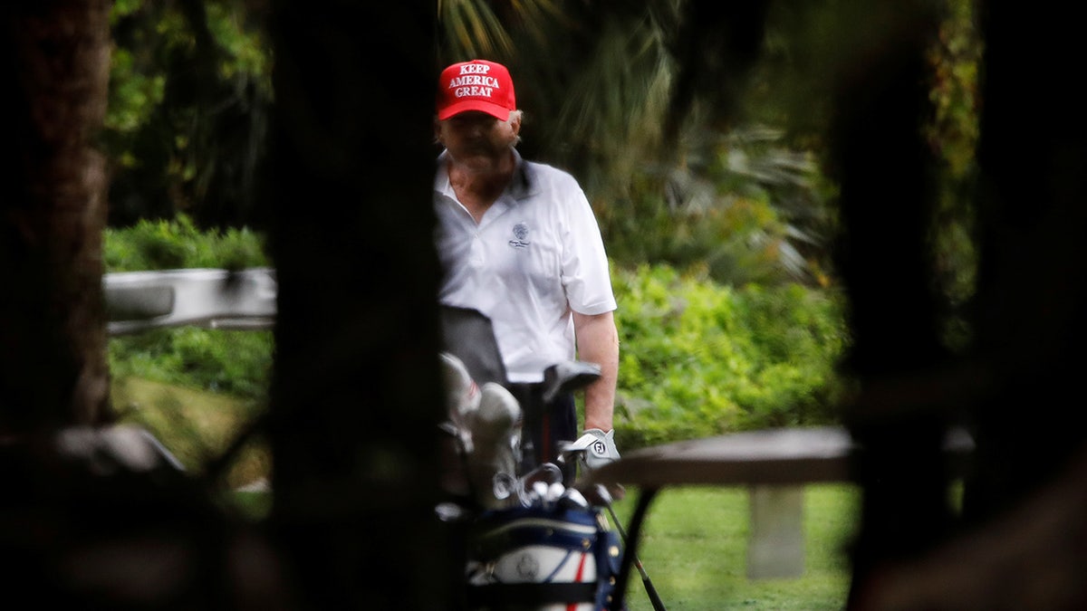 Donald Trump visto entre los arbustos jugando al golf