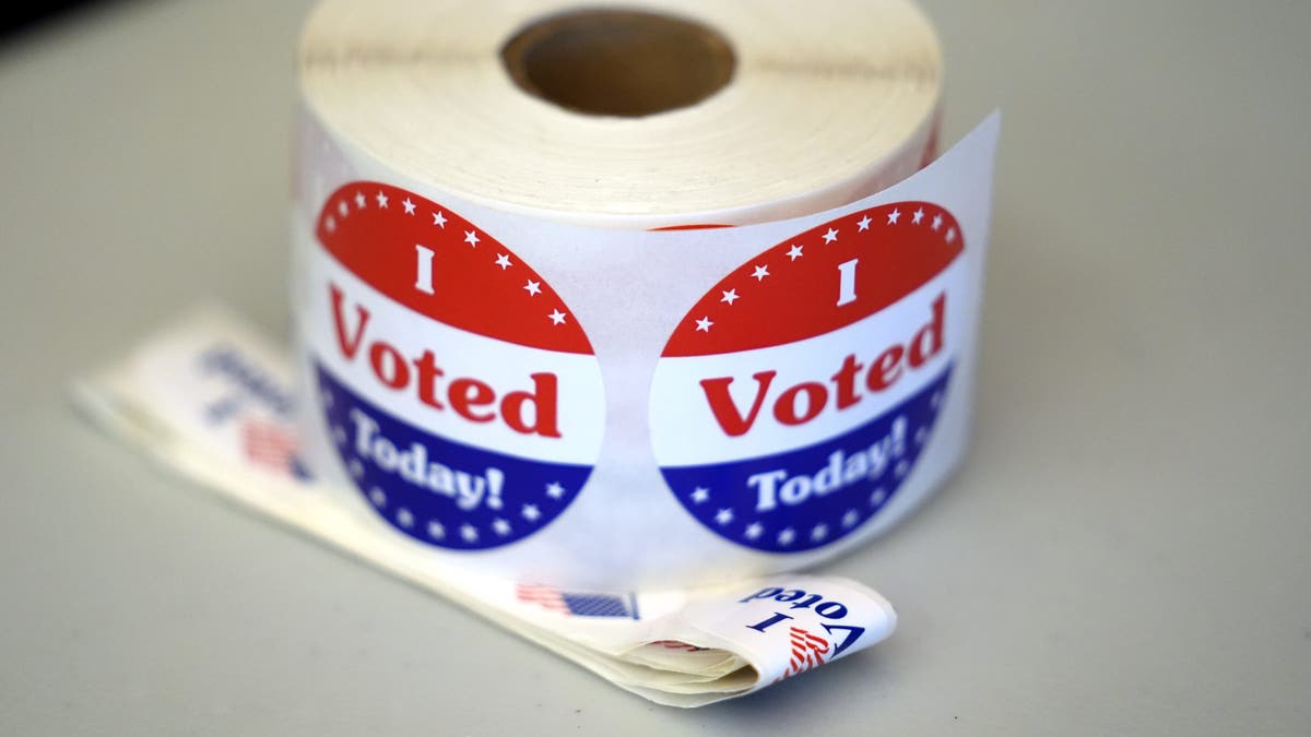 'I Voted' stickers sit on a table at a polling station in Massachusetts.