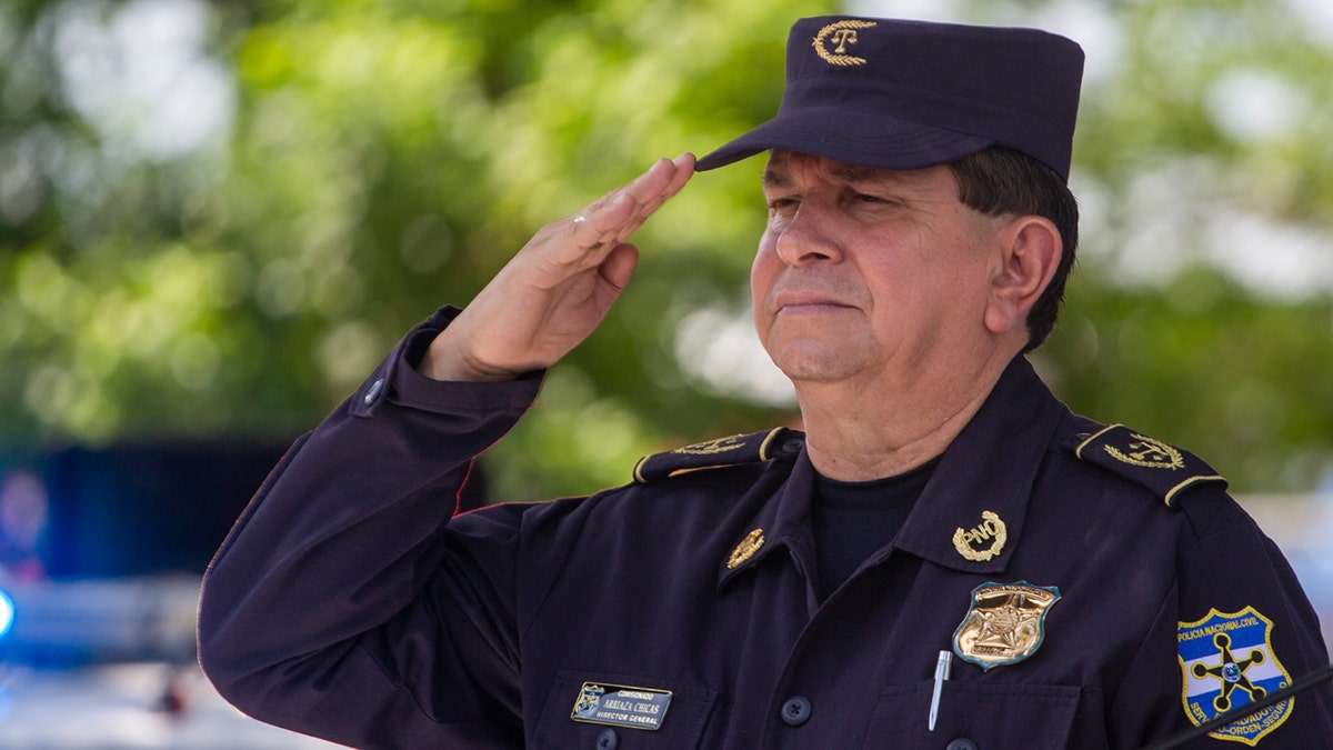 FILE - El Salvador's National Police Director Mauricio Arriaza salutes during the launch ceremony of the new border patrol on the border with Guatemala in La Hachadura, El Salvador, Sept. 12, 2019. El Salvador's military says Arriaza, other high-ranking police officials, and a fugitive banker were among nine people killed in a military helicopter crash late Sept. 8, 2024.