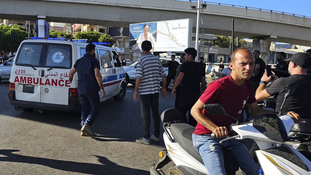 An ambulance carries wounded people whose handheld pager exploded in Beirut on Tuesday.