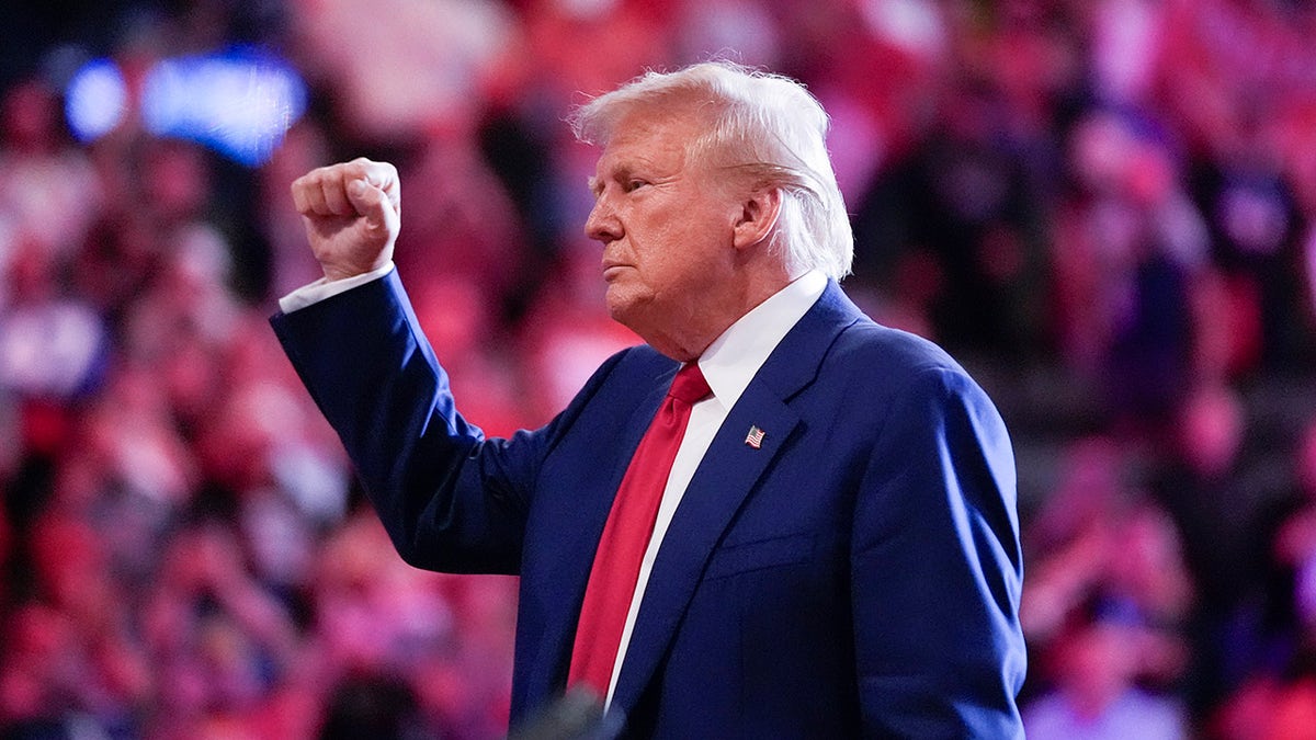 President Trump raises his fist at a rally in Uniondale, New York