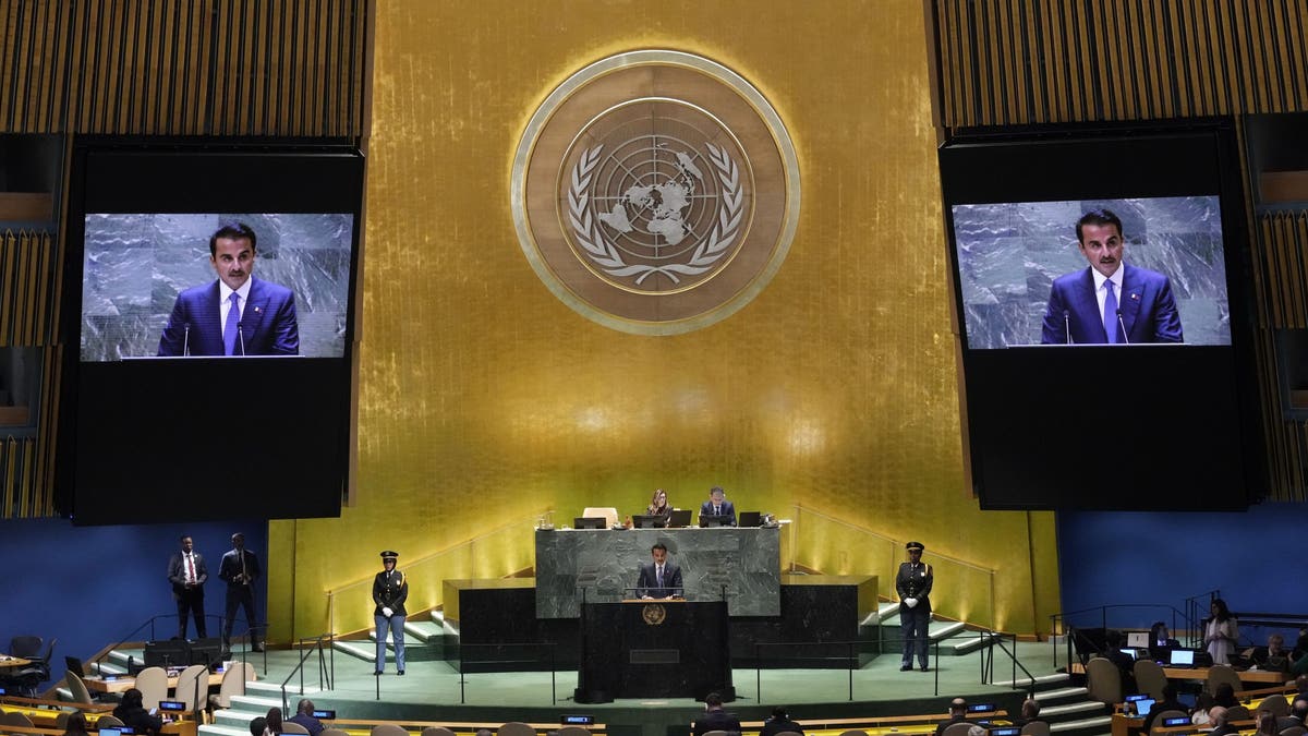 Qatar Amir Sheikh Tamim bin Hamad Al Thani addresses the 79th session of the United Nations General Assembly, Tuesday, Sept. 24, 2024.?