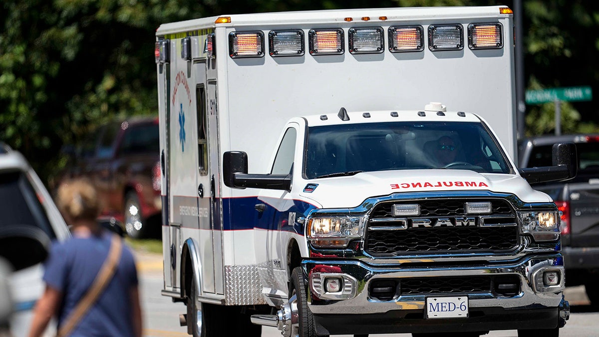 Ambulances leave the Apalachee High School shooting scene