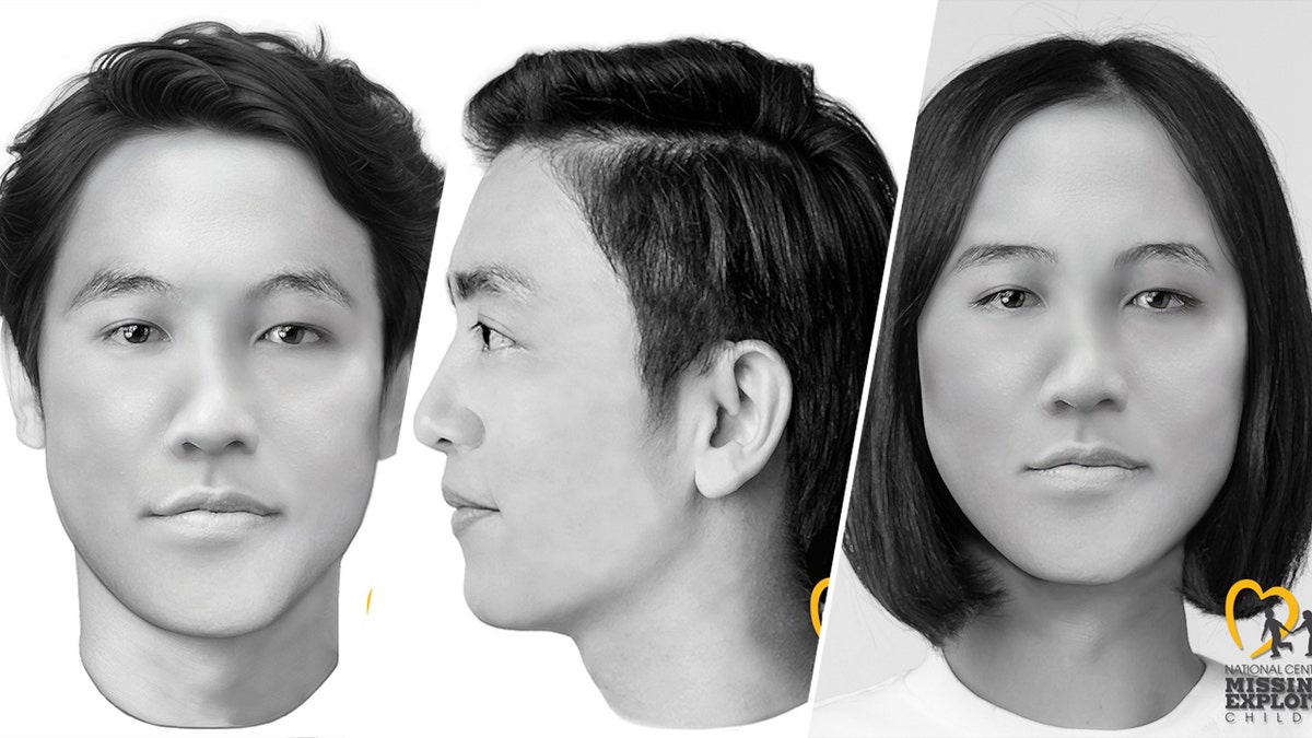 A combination of 3 Composite sketches of an Asian person showing portrait and profile, and an additional portrait with longer hair