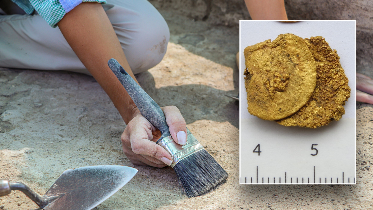 Split image of archaeologist digging and coins