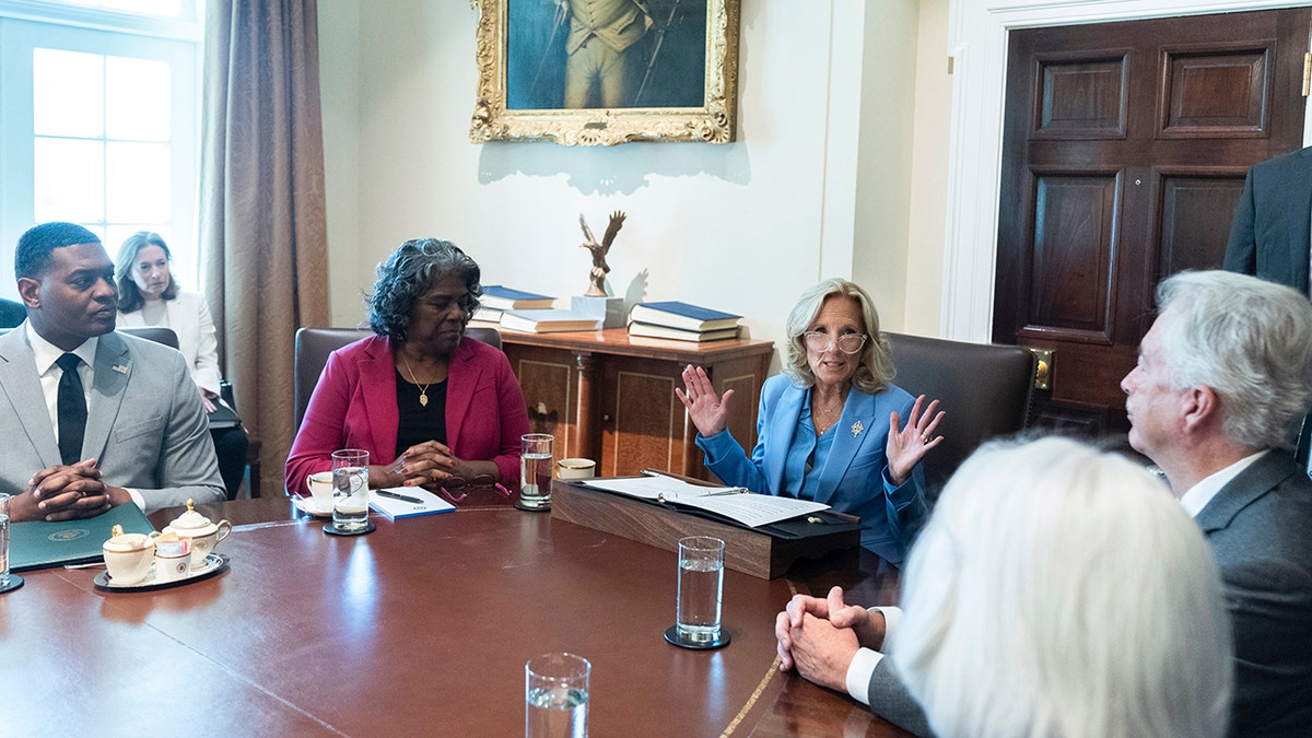 First lady Jill Biden, third from left, speaks during a Biden administration Cabinet meeting.