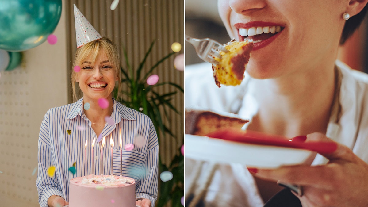 Una mujer lleva una gorra de cumpleaños, a la izquierda, y otra mujer disfruta de un trozo de tarta.