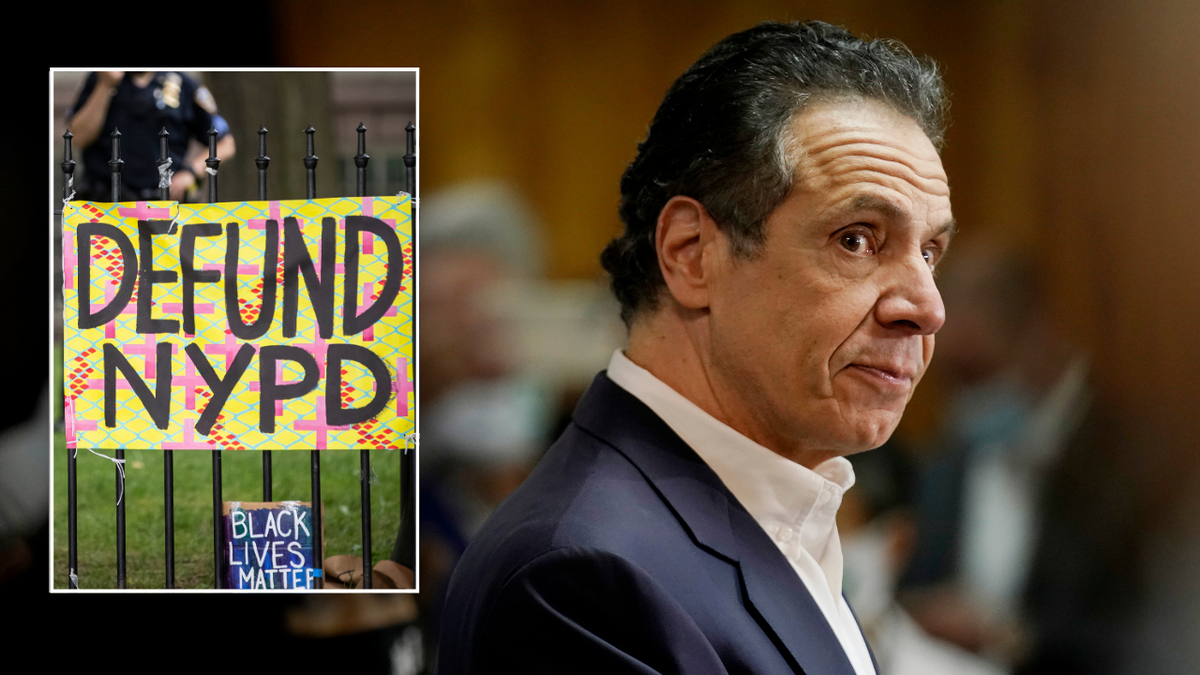 Imagen dividida de Cuomo y un cartel contra la financiación