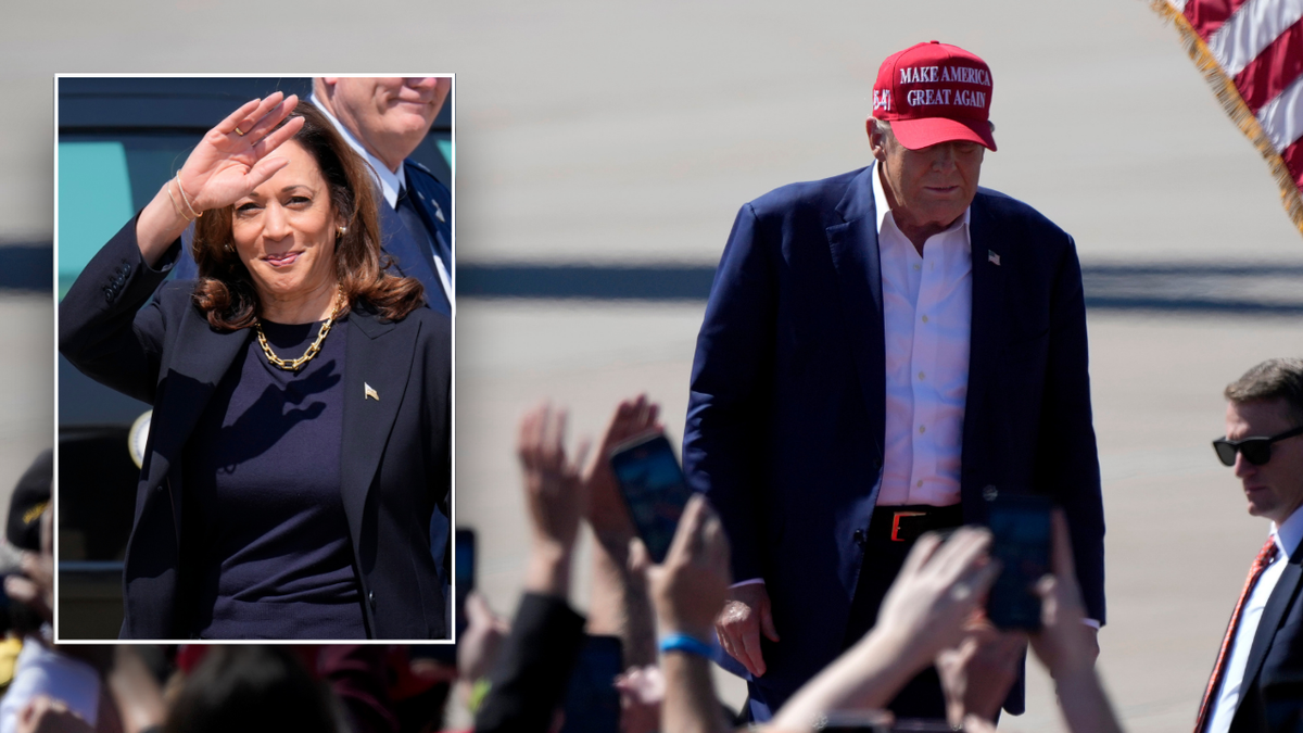 Imagen dividida de Kamala sonriendo, Trump serio