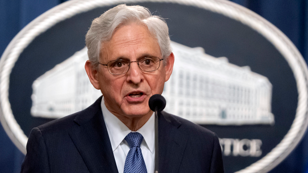 Close-up of Merrick Garland from the DOJ podium