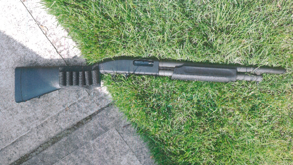 shotgun on ground in front yard, with the stock on concrete and rest in grass